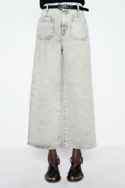 ZARA Jeans^JEANS Z1975 WIDE LEG CROPPED DE CINTURA SUBIDA COM CINTO Cinzento