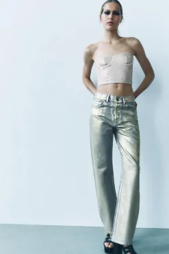 ZARA Jeans^JEANS ZW COLLECTION RELAXED CINTURA MÉDIA FOIL ZW COLLECTION Ouro