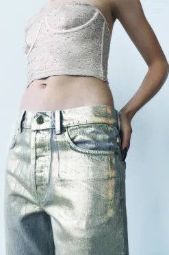 ZARA Jeans^JEANS ZW COLLECTION RELAXED CINTURA MÉDIA FOIL ZW COLLECTION Ouro