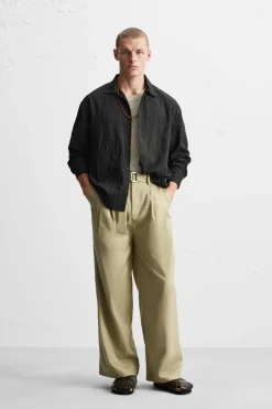 ZARA Calças^LYOCELL - COTTON TROUSERS WITH BELT Verde-claro