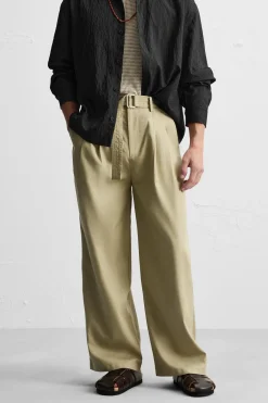 ZARA Calças^LYOCELL - COTTON TROUSERS WITH BELT Verde-claro