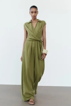 ZARA Vestidos^MACACÃO AMPLO NÓ COM LINHO Caqui