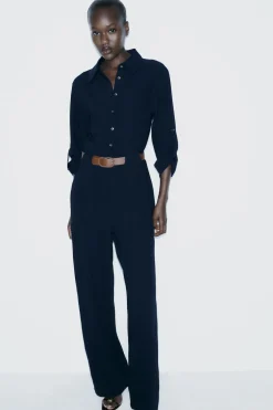 ZARA Vestidos^MACACÃO COMPRIDO CINTO Azul-marinho