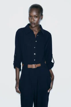 ZARA Vestidos^MACACÃO COMPRIDO CINTO Azul-marinho