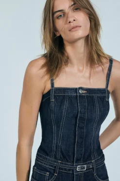 ZARA Vestidos^MACACÃO COMPRIDO DENIM TRF COM CINTO Azul