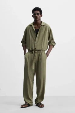 ZARA Calças^MACACÃO VISCOSE COM CINTO Verde-azeitona