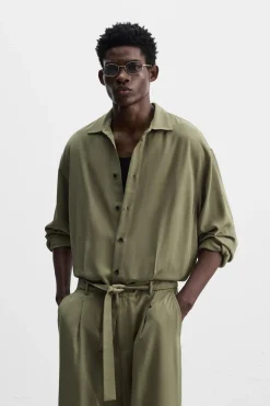 ZARA Calças^MACACÃO VISCOSE COM CINTO Verde-azeitona