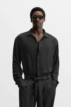 ZARA Calças^MACACÃO VISCOSE COM CINTO Preto