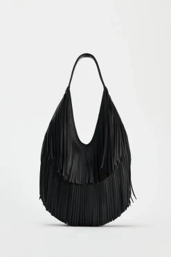 ZARA Malas^MALA TOTE BAG COM FRANJAS Preto
