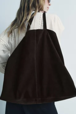 ZARA Malas^MAXI TOTE BAG EM CAMURÇA Castanho