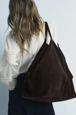 ZARA Malas^MAXI TOTE BAG EM CAMURÇA Castanho