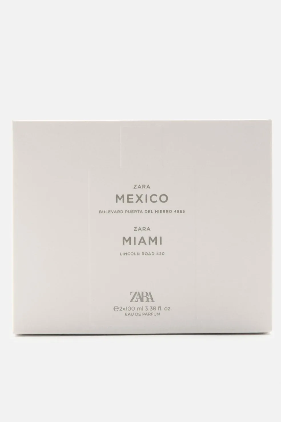 ZARA Perfumes^MIAMI LINCOLN ROAD 420 + MEXICO BULEVARD PUERTA DEL HIERRO 4965 EDP 2 X100ML (3.4 FL OZ. ) 0210/826