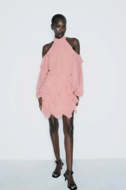 ZARA Vestidos^MINIVESTIDO COM FOLHOS MARSALA