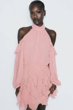 ZARA Vestidos^MINIVESTIDO COM FOLHOS MARSALA