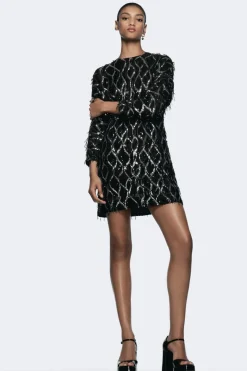 ZARA Vestidos^MINIVESTIDO COM FRANJAS E LANTEJOULAS Preto / Prata
