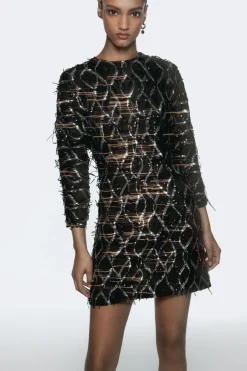 ZARA Vestidos^MINIVESTIDO COM FRANJAS E LANTEJOULAS Preto / Prata