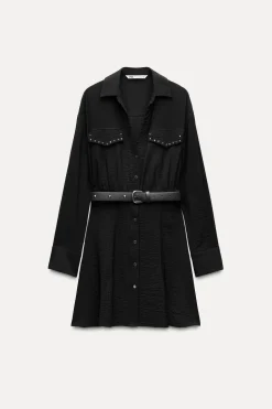 ZARA Vestidos^MINIVESTIDO COM TACHAS E CINTO Preto