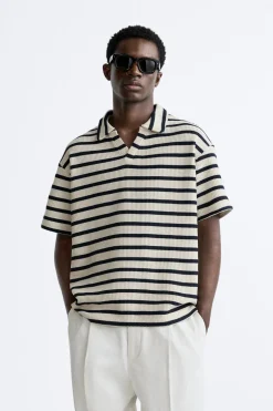 ZARA Polos^POLO COM ESTRUTURA ÀS RISCAS Cru / Azul-marinho