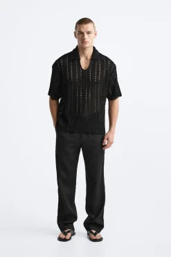 ZARA Camisola / Casacos|Polos^POLO DE CROCHÊ Preto