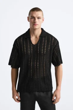 ZARA Camisola / Casacos|Polos^POLO DE CROCHÊ Preto