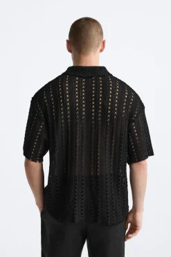 ZARA Camisola / Casacos|Polos^POLO DE CROCHÊ Preto