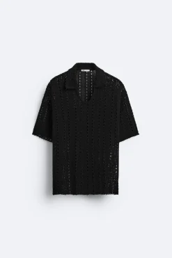 ZARA Camisola / Casacos|Polos^POLO DE CROCHÊ Preto