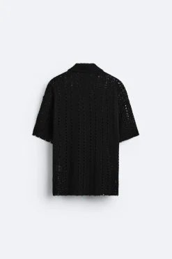 ZARA Camisola / Casacos|Polos^POLO DE CROCHÊ Preto