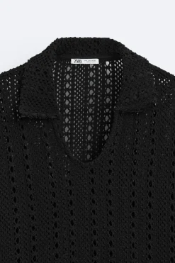 ZARA Camisola / Casacos|Polos^POLO DE CROCHÊ Preto