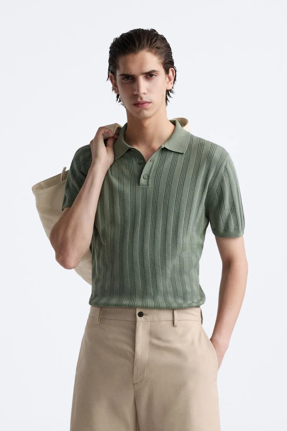 ZARA Camisola / Casacos|Polos^POLO DE MALHA CANELADA Esverdeado