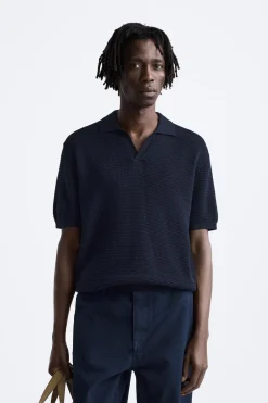 ZARA Camisola / Casacos|Polos^POLO DE MALHA COM ESTRUTURA EM XADREZ PEQUENO Azul-marinho