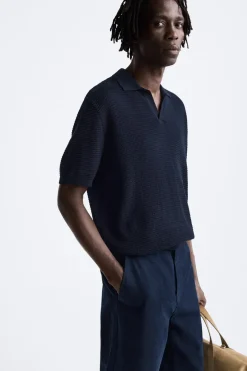 ZARA Camisola / Casacos|Polos^POLO DE MALHA COM ESTRUTURA EM XADREZ PEQUENO Azul-marinho