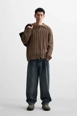 ZARA Camisola / Casacos|Polos^POLO DE MALHA COM TRANÇAS E EFEITO ROTO Castanho