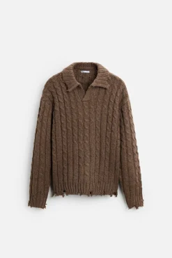 ZARA Camisola / Casacos|Polos^POLO DE MALHA COM TRANÇAS E EFEITO ROTO Castanho