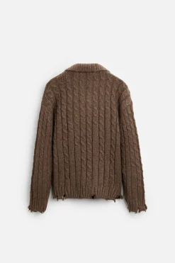 ZARA Camisola / Casacos|Polos^POLO DE MALHA COM TRANÇAS E EFEITO ROTO Castanho