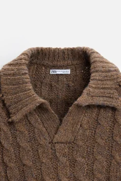 ZARA Camisola / Casacos|Polos^POLO DE MALHA COM TRANÇAS E EFEITO ROTO Castanho