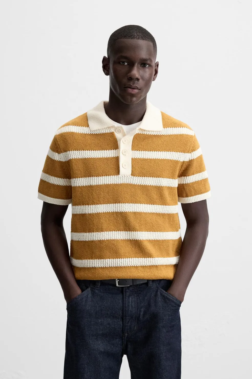 ZARA Camisola / Casacos|Polos^POLO DE MALHA ÀS RISCAS Mostarda