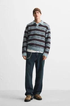 ZARA Camisola / Casacos|Polos^POLO DE MALHA ÀS RISCAS ESCOVADO Azul-água