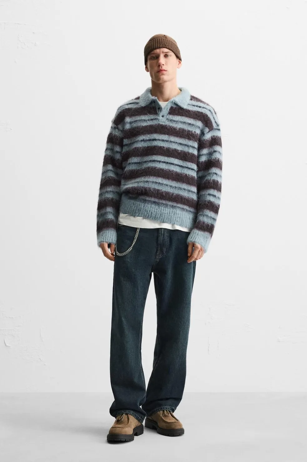 ZARA Camisola / Casacos|Polos^POLO DE MALHA ÀS RISCAS ESCOVADO Azul-água