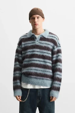 ZARA Camisola / Casacos|Polos^POLO DE MALHA ÀS RISCAS ESCOVADO Azul-água