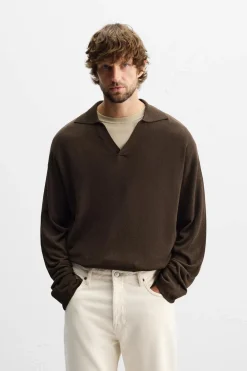 ZARA Camisola / Casacos|Polos^POLO DE MALHA VISCOSE - ALGODÃO Chocolate