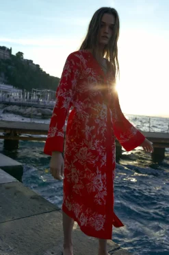 ZARA Blusões|Vestidos^QUIMONO ESTAMPADO COM BORDADOS Vermelho