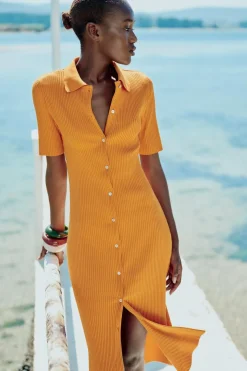 ZARA Vestidos^RIBBED POLO COLLAR DRESS WITH BUTTONS Cobre