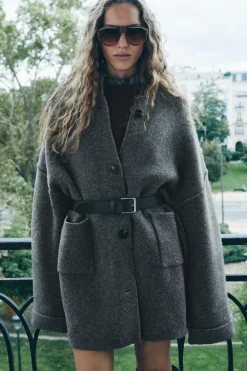 ZARA Winter Layersnew|Sobretudos / Anoraques^SOBRETUDO DE MALHA COM BOLSOS DE CHAPA Cinzento-vigoré