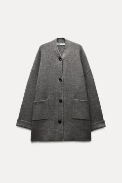 ZARA Winter Layersnew|Sobretudos / Anoraques^SOBRETUDO DE MALHA COM BOLSOS DE CHAPA Cinzento-vigoré