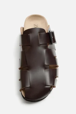 ZARA Sapatos^SOCAS SANDÁLIAS COM TIRAS EM PELE Castanho