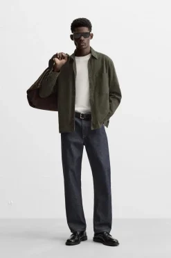 ZARA Blusões|Pele^SUEDE LEATHER OVERSHIRT Caqui