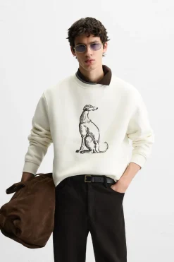 ZARA Sweatshirts^SWEAT COM BORDADO GALGO Branco-marfim