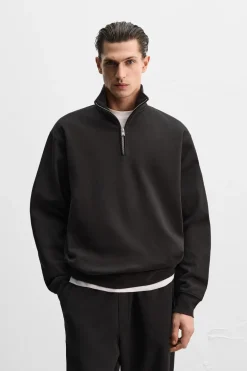 ZARA Camisola / Casacos|Sweatshirts^SWEAT HEAVY WEIGHT GOLA COM FECHO DE CORRER Preto