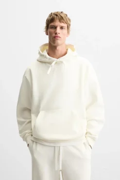 ZARA Vestuário De Inverno|Sweatshirts^SWEATSHIRT COM CAPUZ Branco-marfim