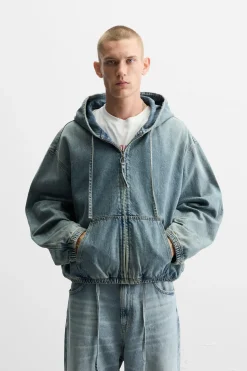 ZARA Blusões|Sweatshirts^SWEATSHIRT EM DENIM COM CAPUZ Azul